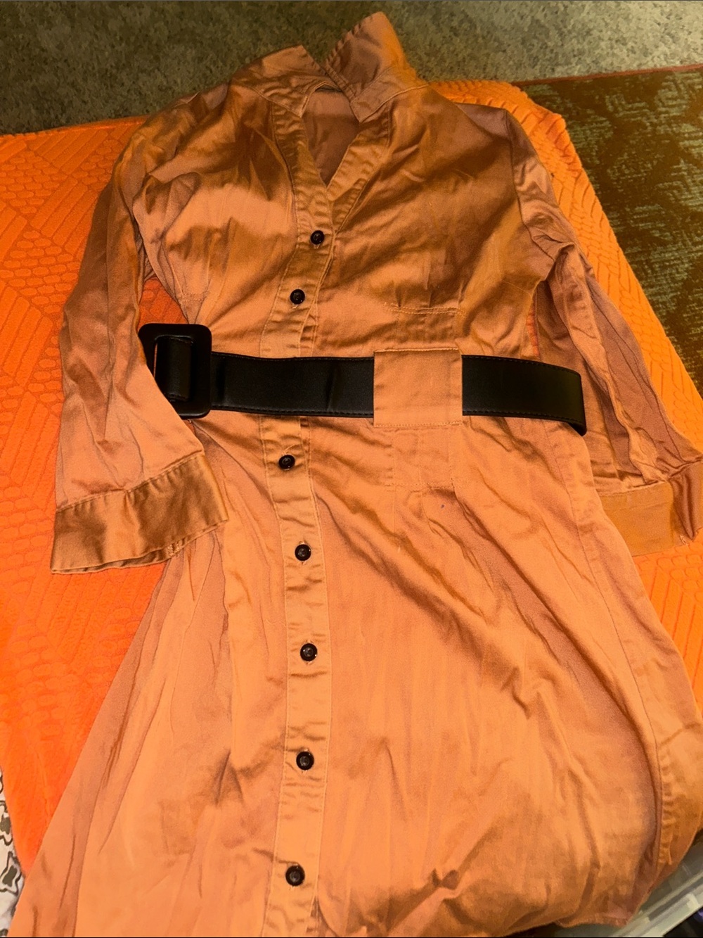 Rust Orange Button-Front Shirt Dress with Black Belt